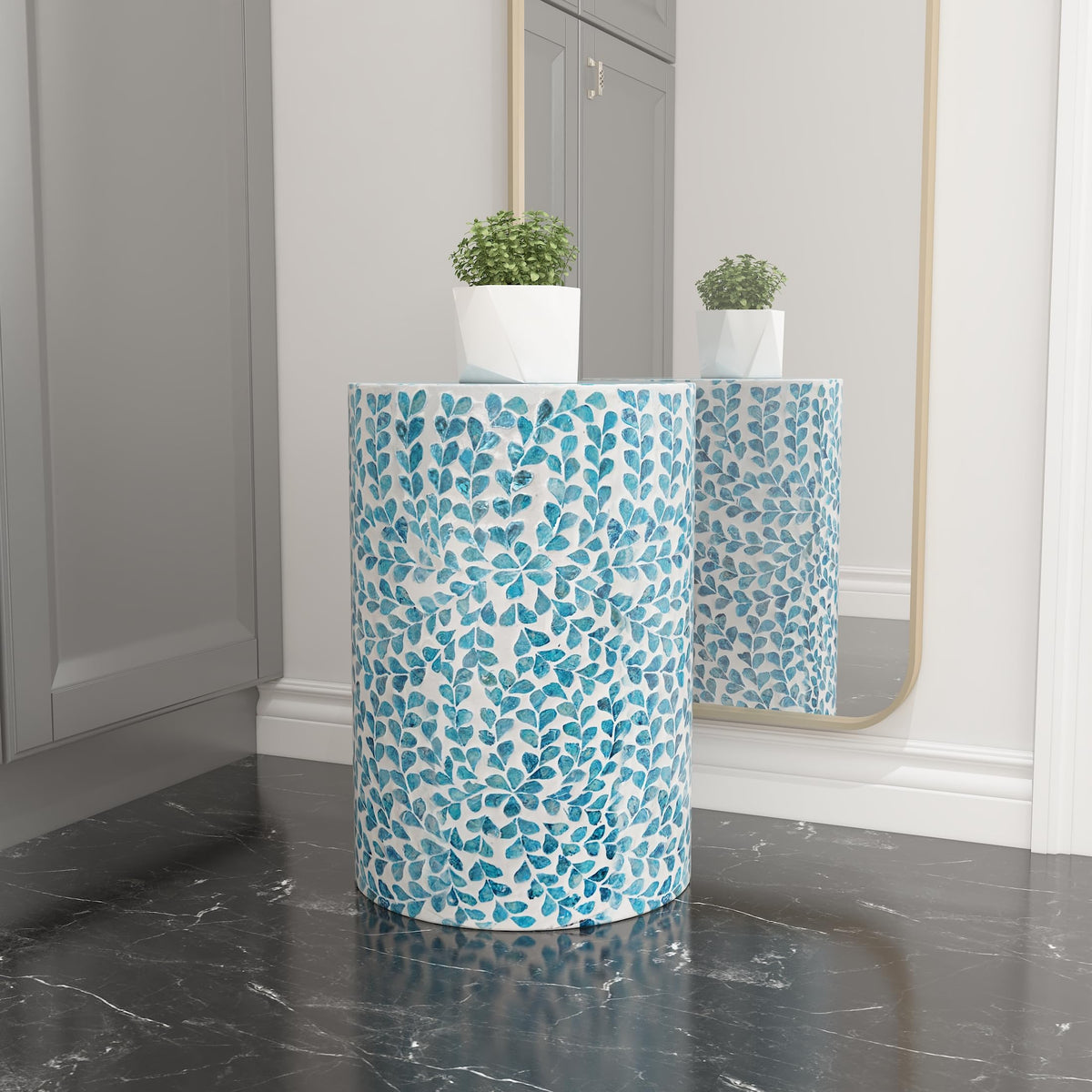 Mother of Pearl Inlaid Cylinder Drum End Table J88460