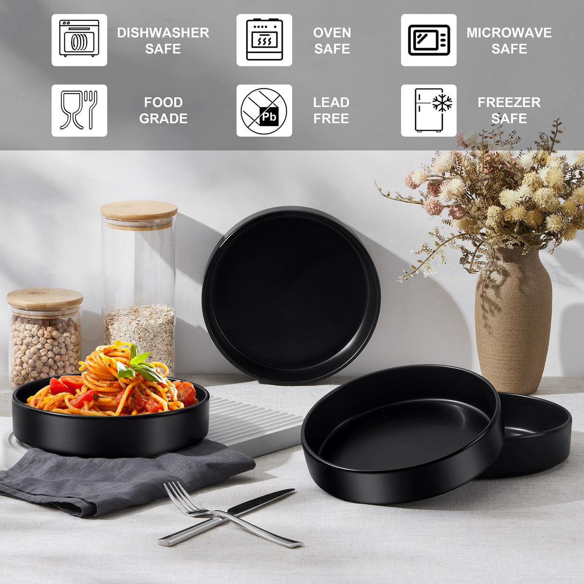 Stoneware Dinnerware Set, 12-Piece Plates and Bowls, Set of 4, Matte Black Z6541