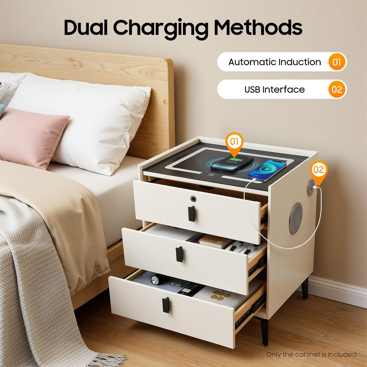 3-Drawer LED Nightstand with Wireless Charging Station Y927545