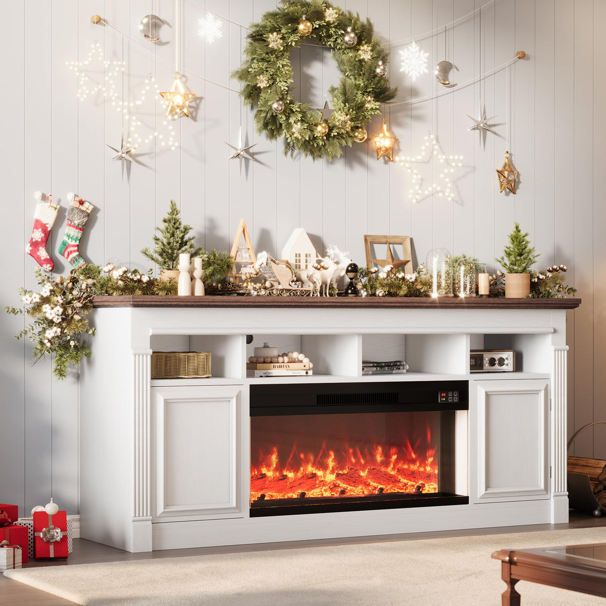 66 Inch White & Brown Two-Tone Fireplace TV Stand F182