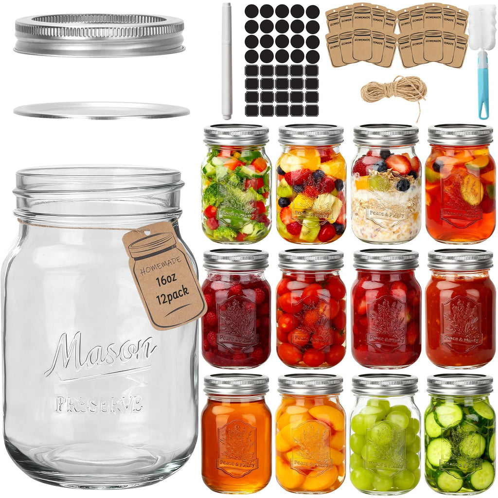 16oz 12 Pack Mason Jars with Airtight Lids M2679