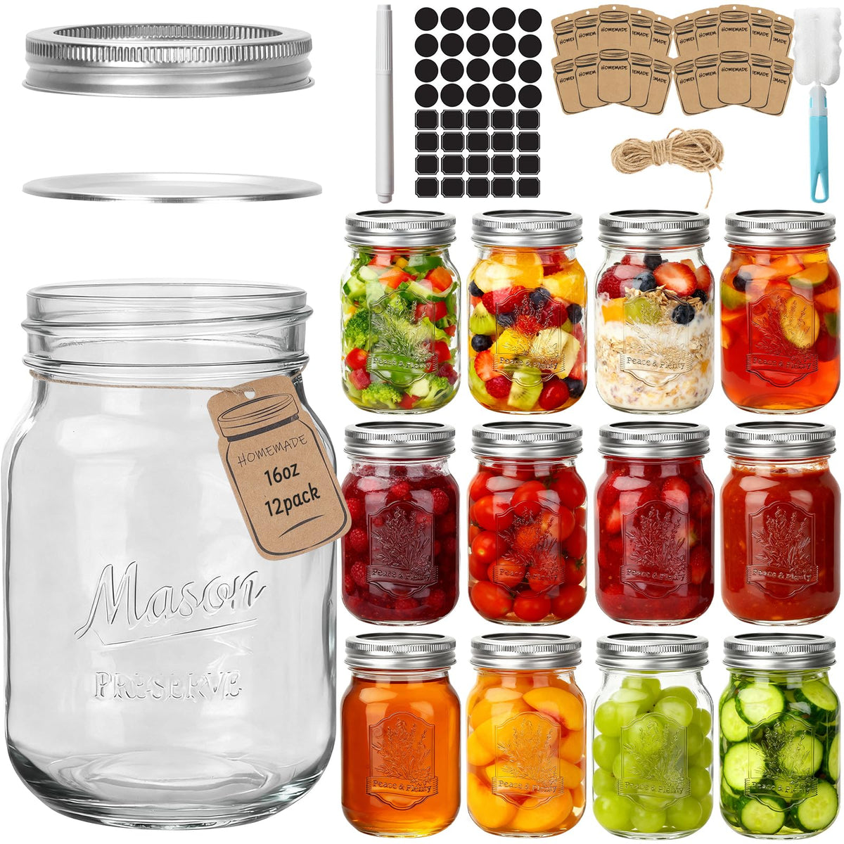 16oz 12 Pack Mason Jars with Airtight Lids M2679