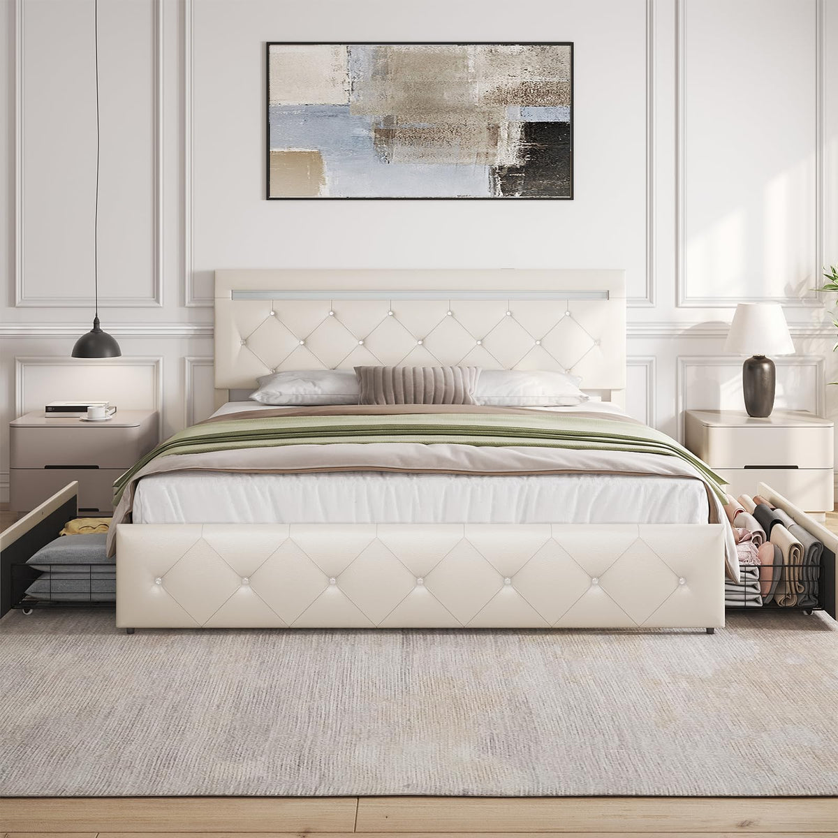 White Full Size Bed Frame with 4 Drawers and LED Light U8296