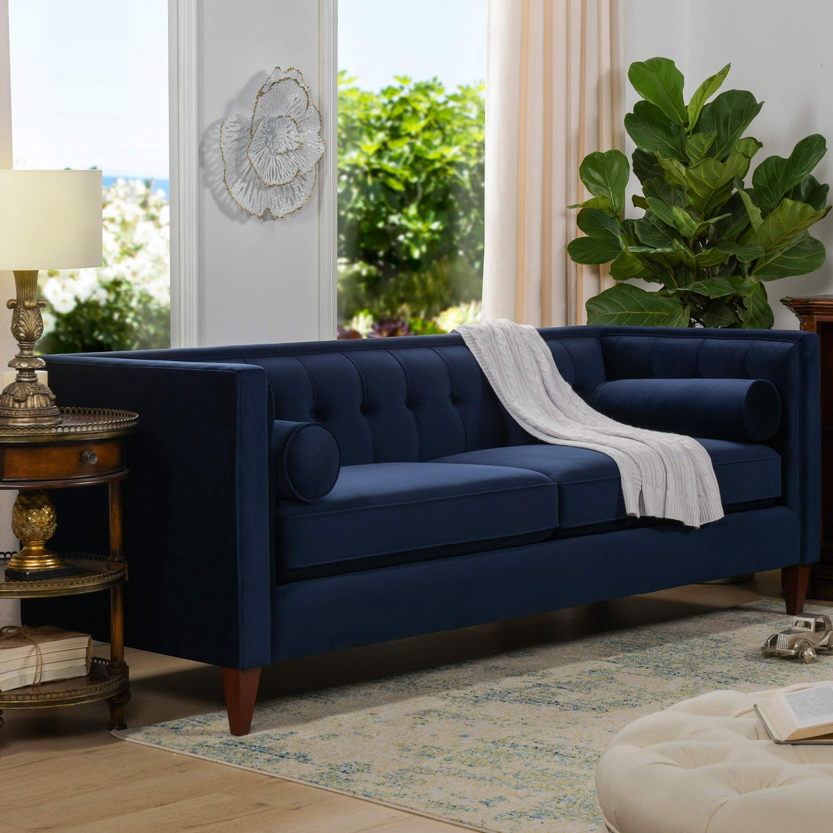 Dark Navy Blue Performance Velvet Tufted Sofa D1470