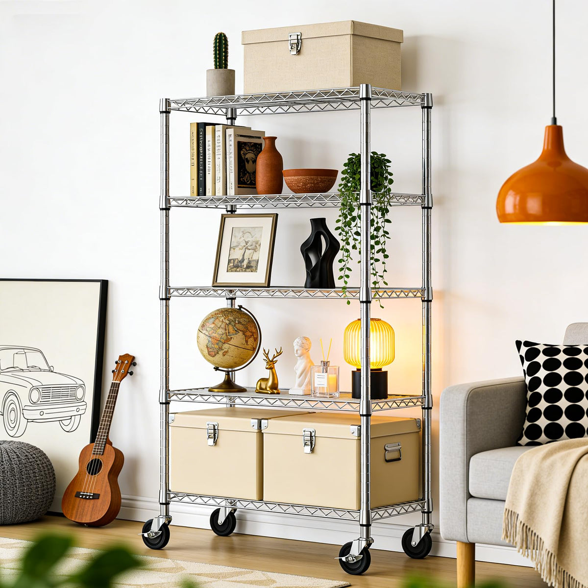 5-Tier Adjustable Steel Wire Shelving Unit with Wheels P184623