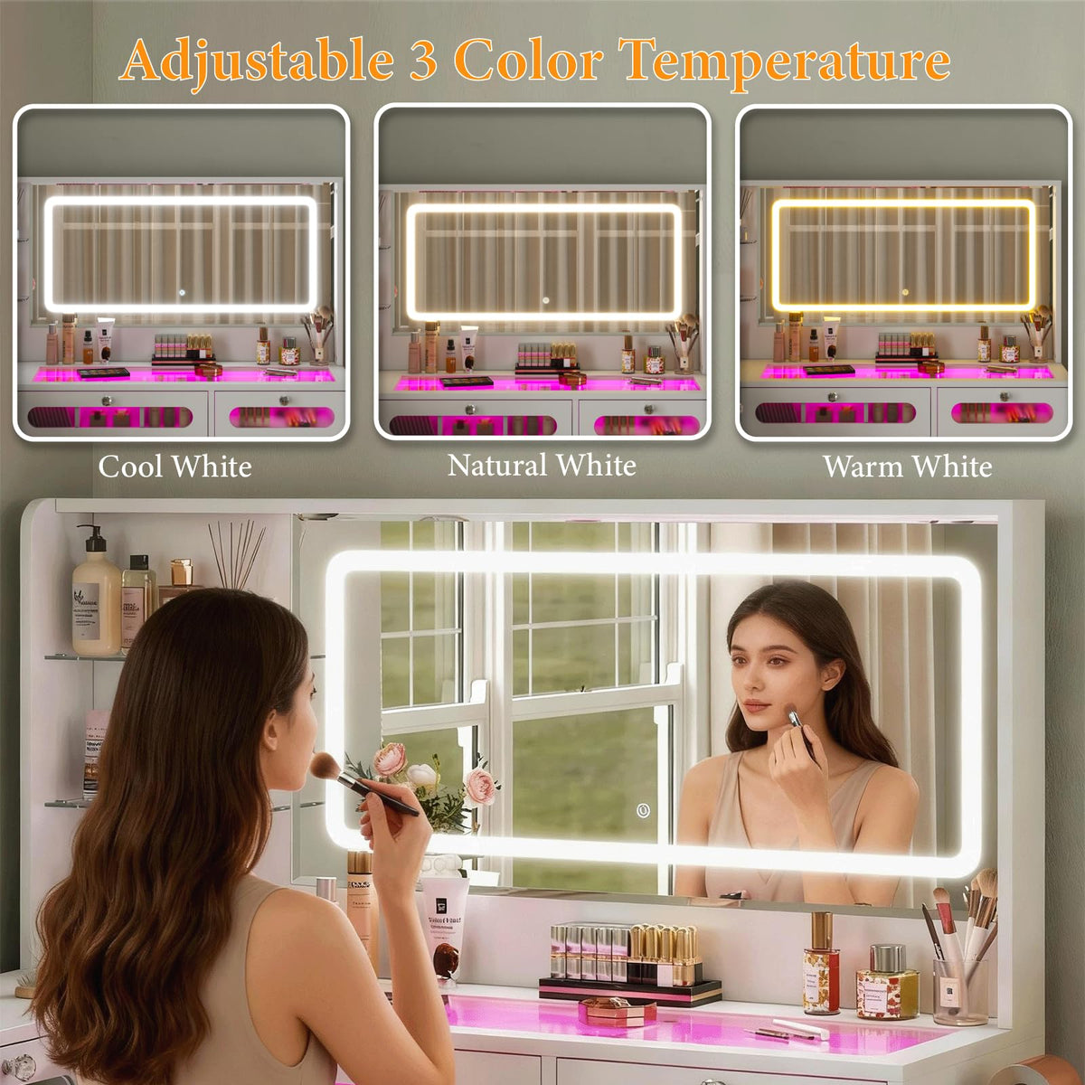 White Makeup Vanity with Mirror and Lights, 8 Drawers and Stool X5349