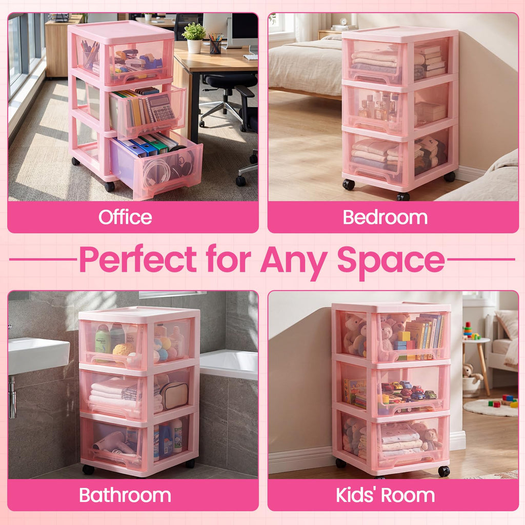 Pink 3-tier Plastic Storage Cart with Wheels Z95595