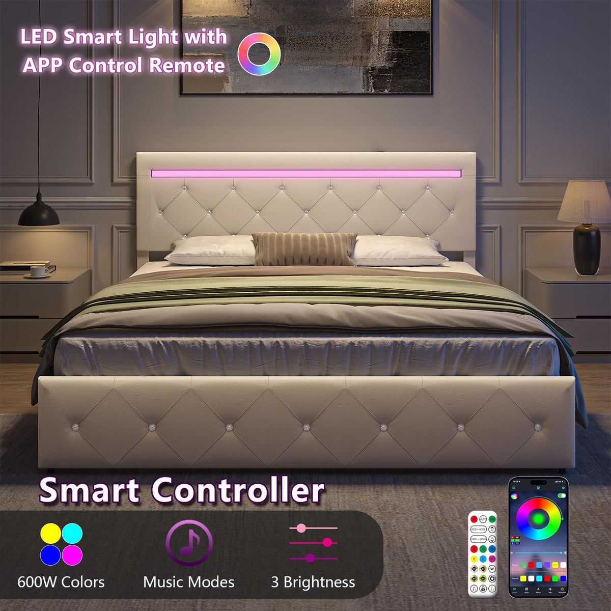 White Full Size Bed Frame with 4 Drawers and LED Light U8296