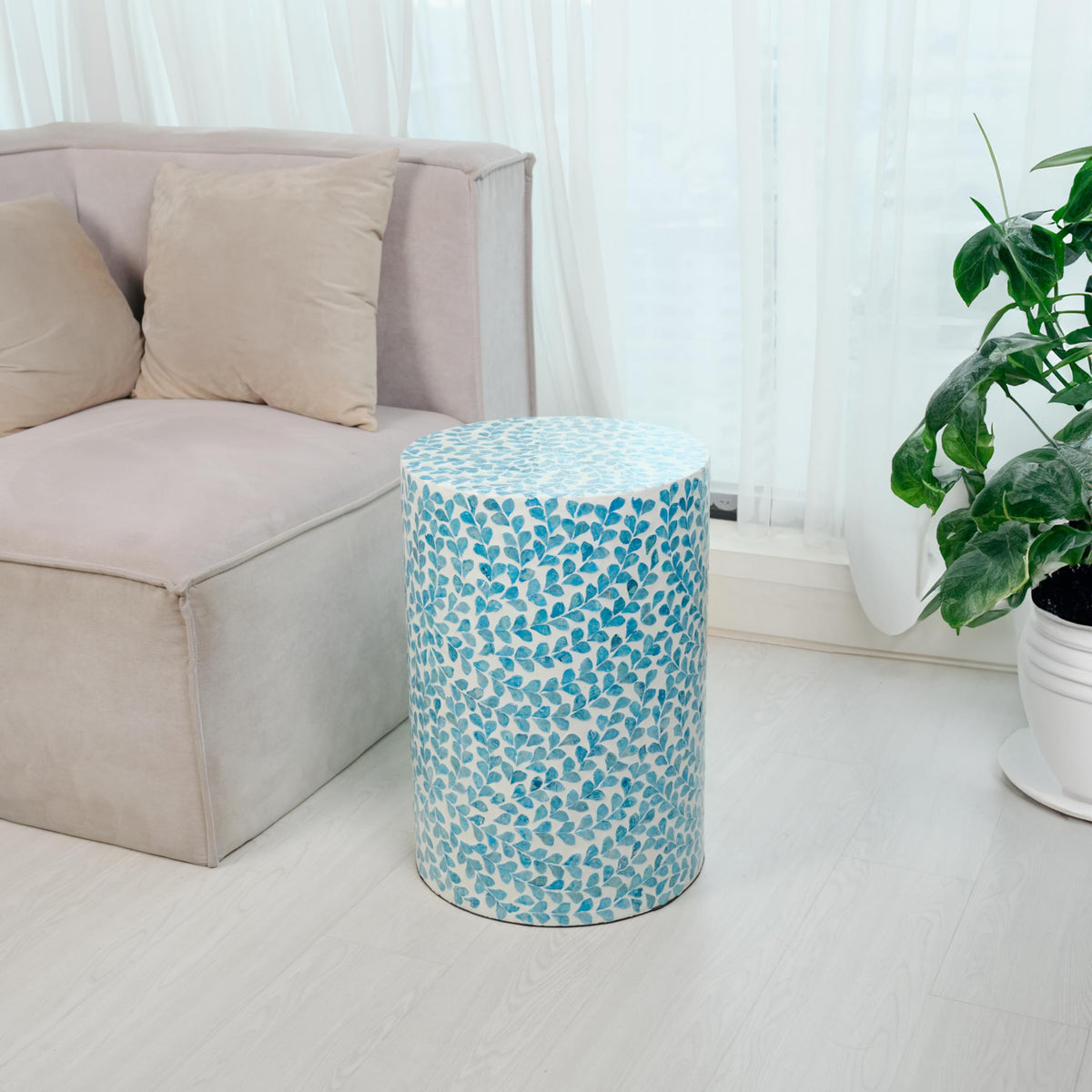 Mother of Pearl Inlaid Cylinder Drum End Table J88460