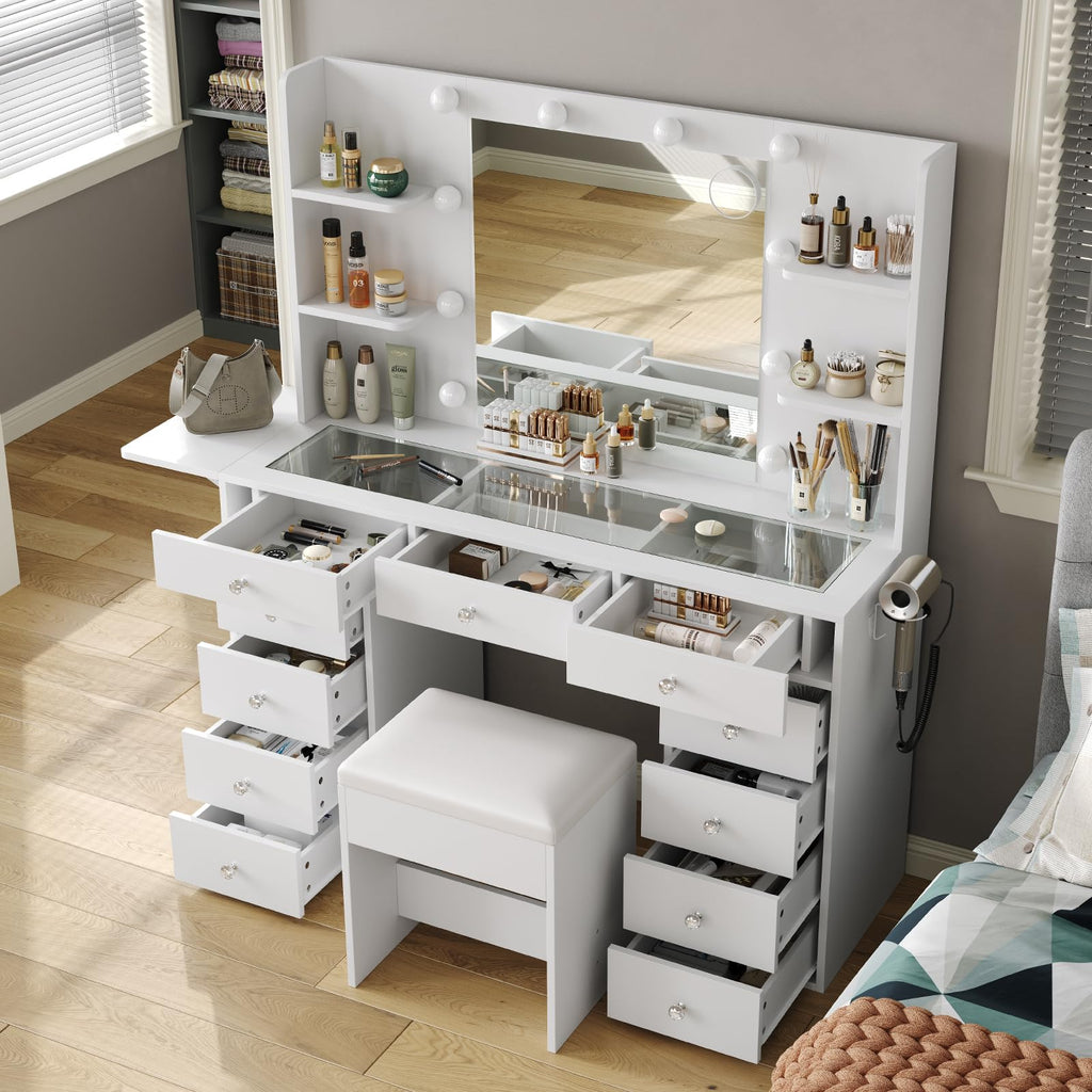 Vanity Desk with Mirror and 12 LED Lights, 11 Drawers & 4 Shelves N25119