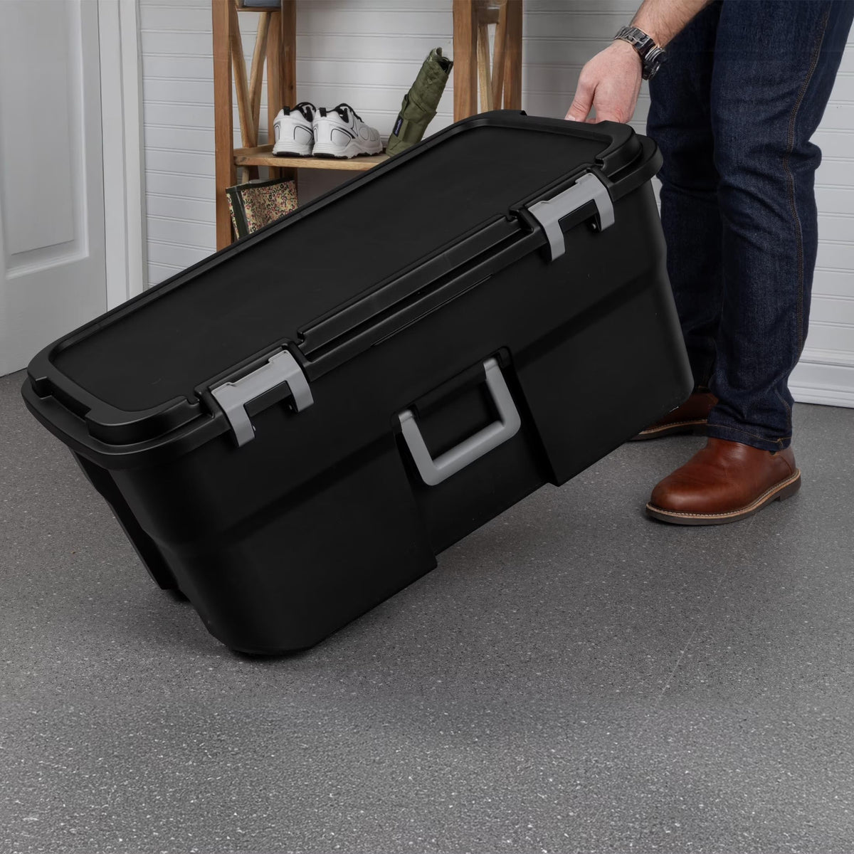 22 Gallon Black Wheeled Plastic Storage Trunk with Handle A206