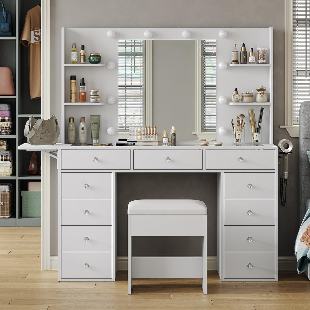 Vanity Desk with Mirror and 12 LED Lights, 11 Drawers & 4 Shelves N25119