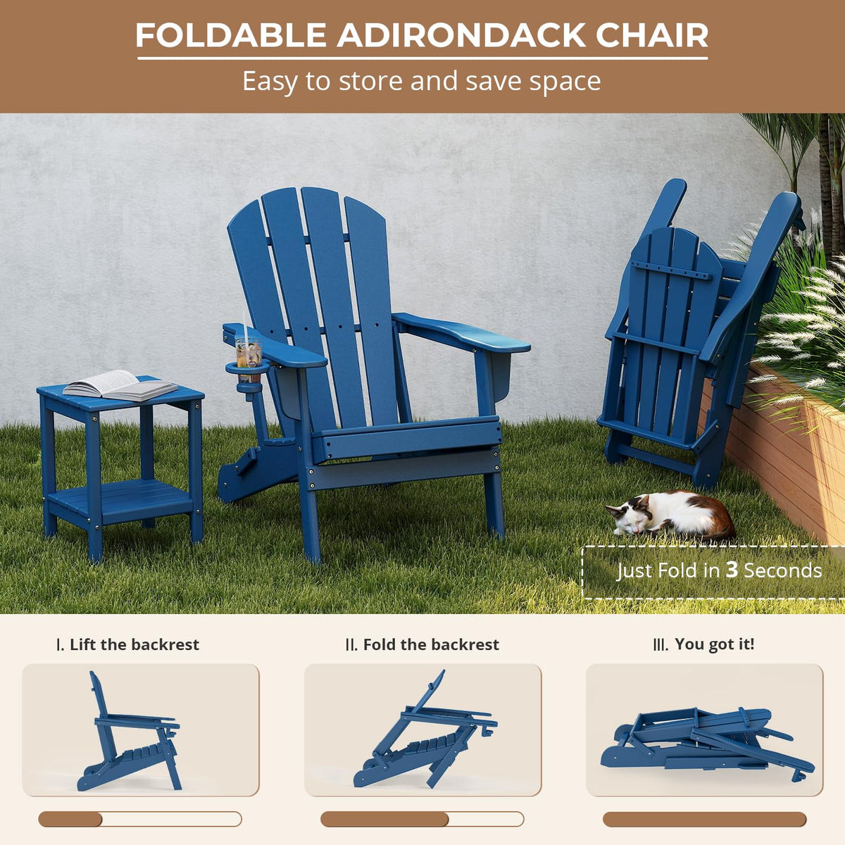 Folding Adirondack Chairs Set of 4 Blue HDPE Plastic L4384