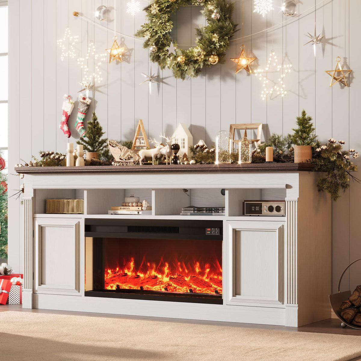 66 Inch White & Brown Two-Tone Fireplace TV Stand F182