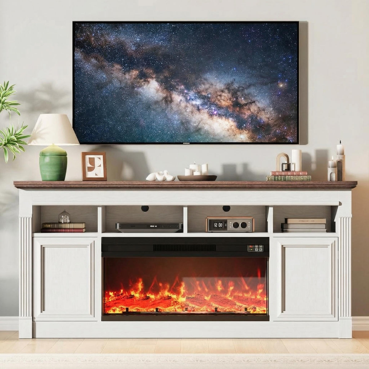 66 Inch White & Brown Two-Tone Fireplace TV Stand F182