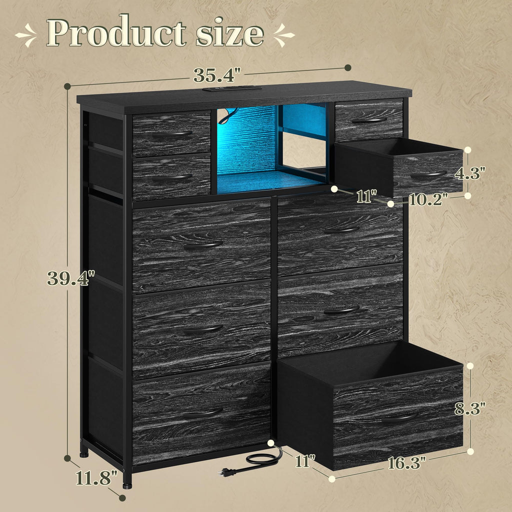 Black 10 Drawer Dresser with Charging Station K97150