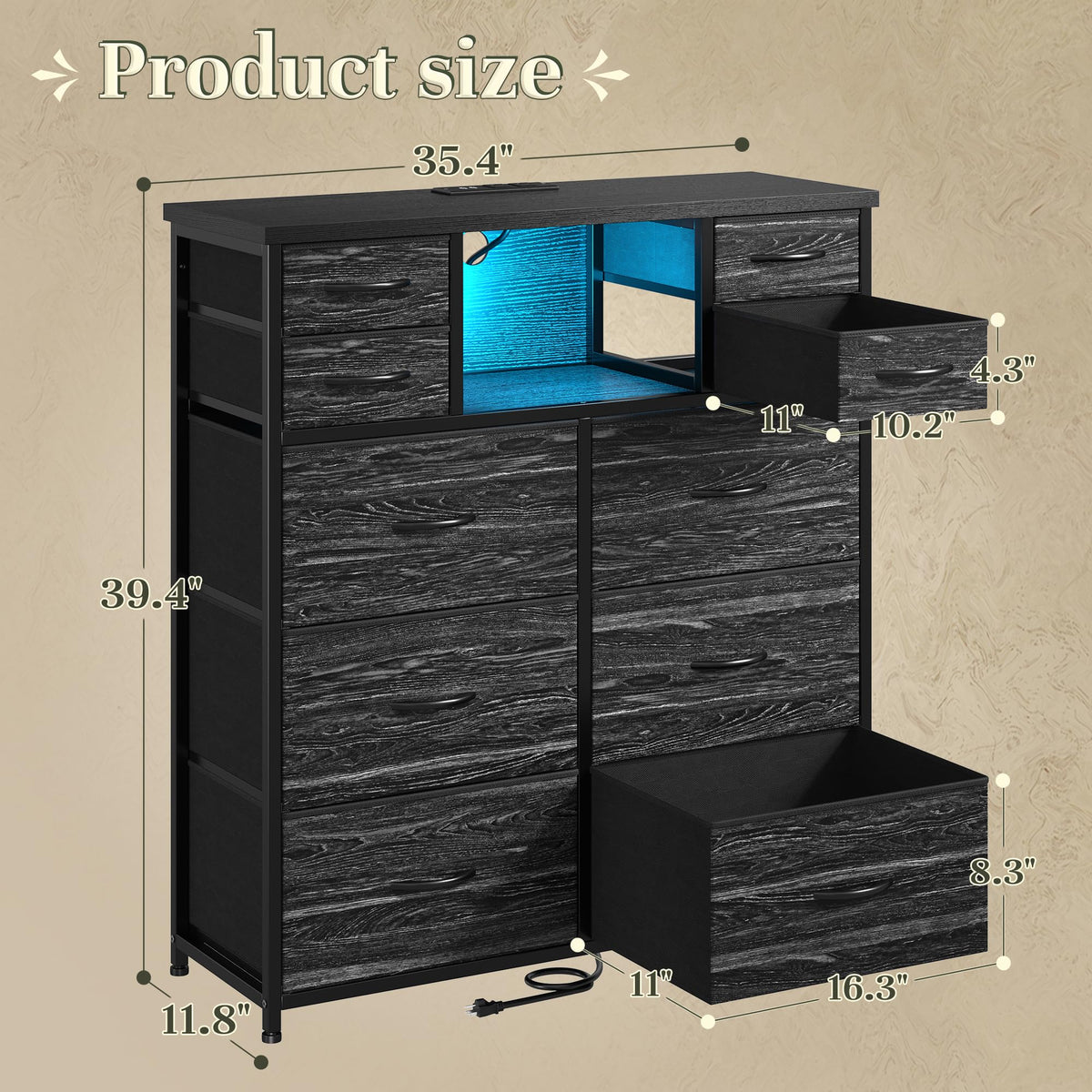 Black 10 Drawer Dresser with Charging Station K97150