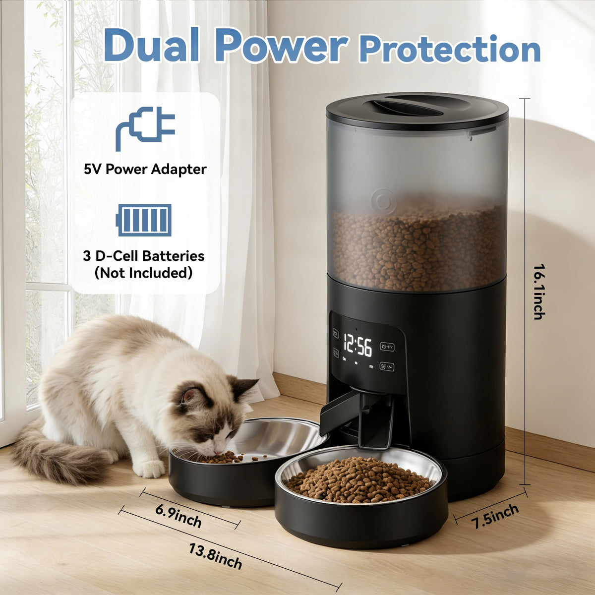 6L Automatic Cat Feeder with 2 Stainless Bowls Black N936576
