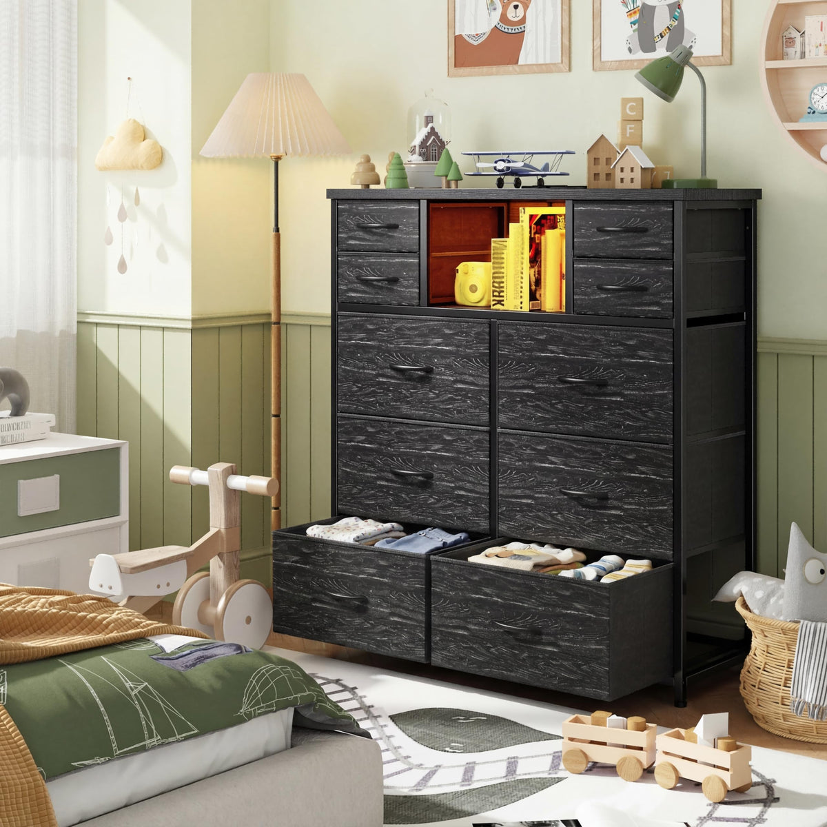 Black 10 Drawer Dresser with Charging Station K97150