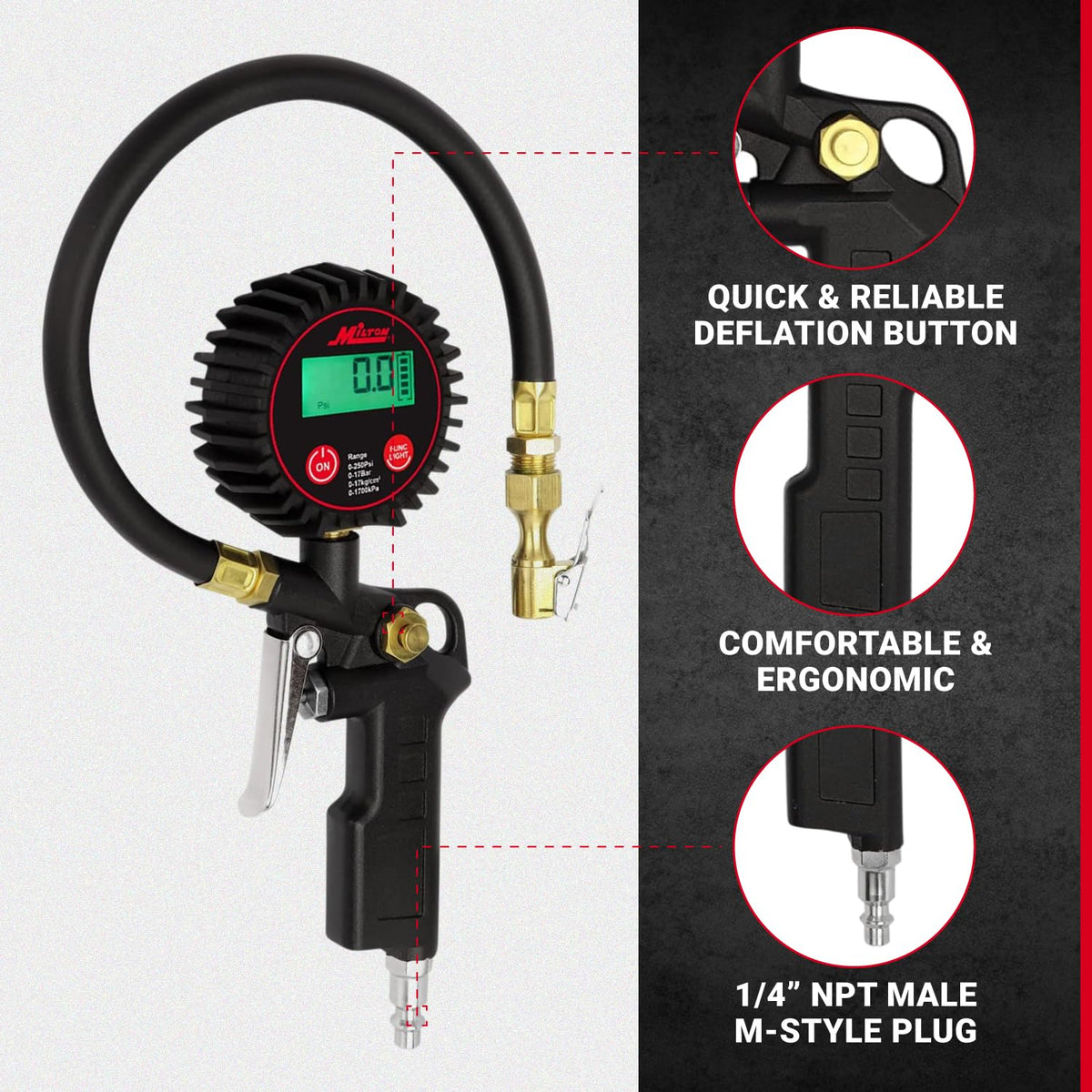 Digital Tire Inflator with Pressure Gauge and 14” Rubber Air Hose D255
