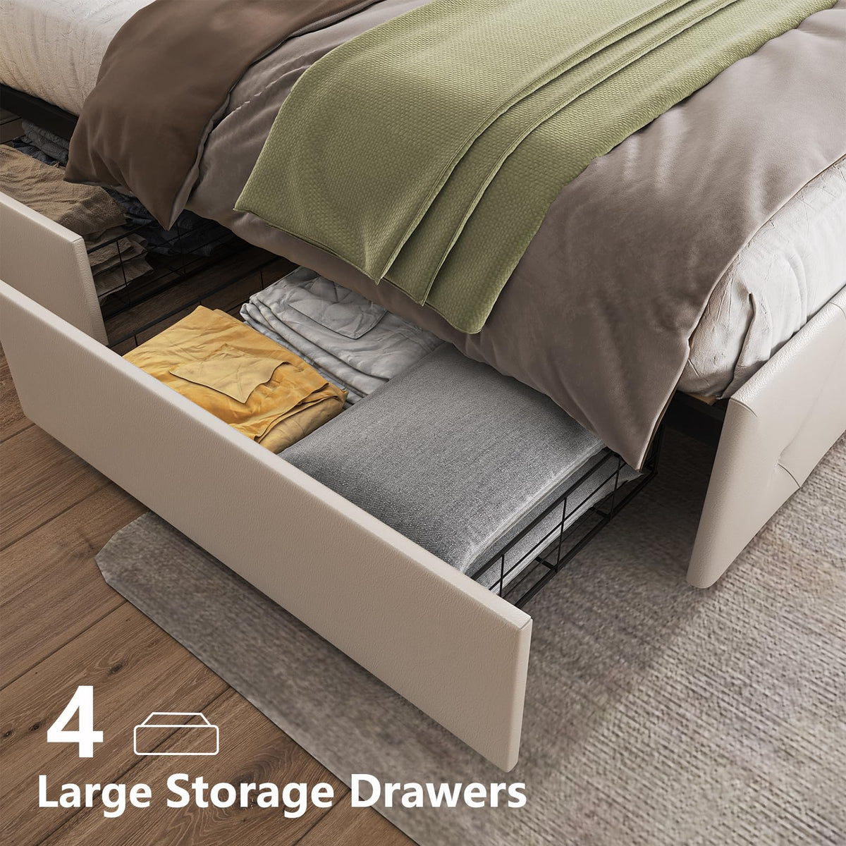 White Full Size Bed Frame with 4 Drawers and LED Light U8296