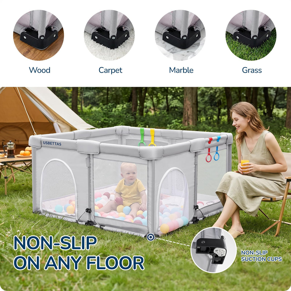 Foldable Lightweight Portable Playpen with Carry Bag, 50"x50" Light Gray J9211