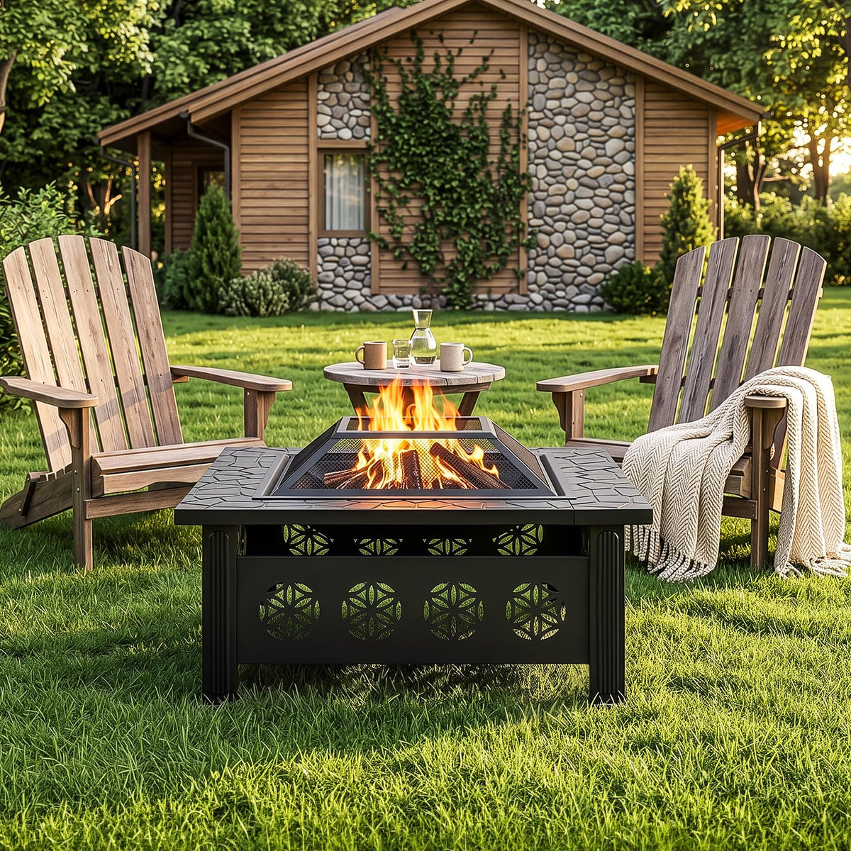 32 Inch Black Wrought Iron Wood Burning Fire Pit U127976