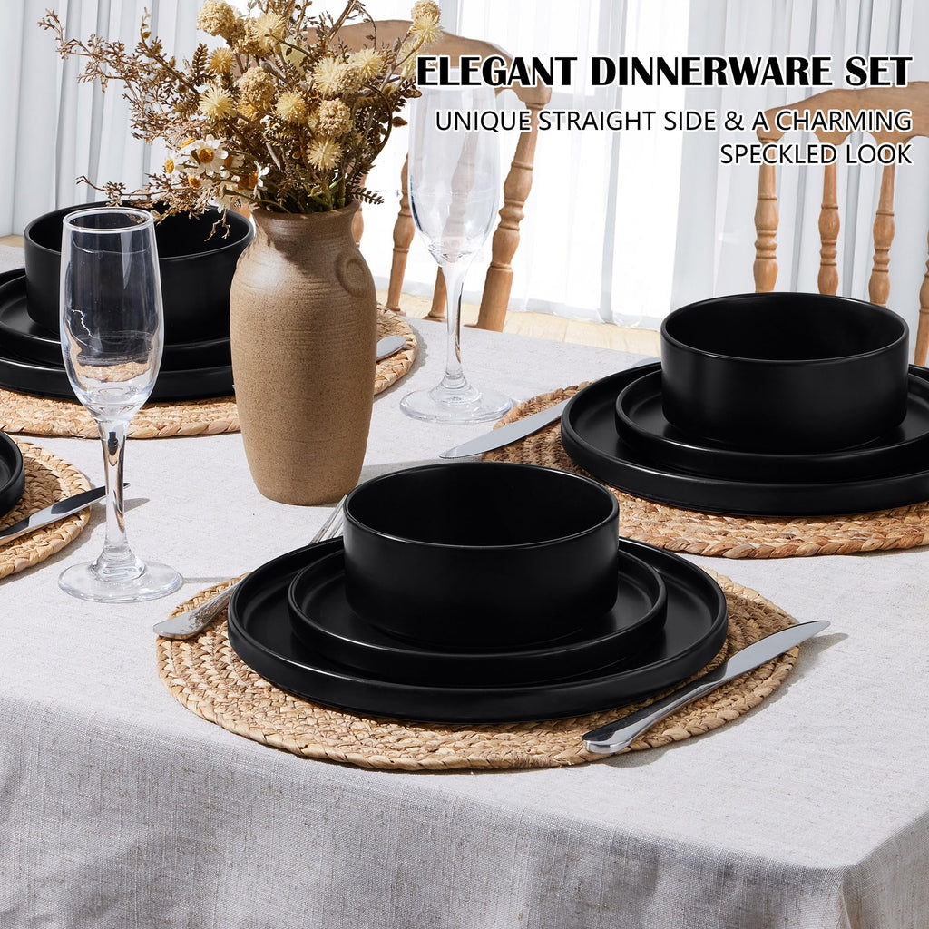 Stoneware Dinnerware Set, 12-Piece Plates and Bowls, Set of 4, Matte Black Z6541