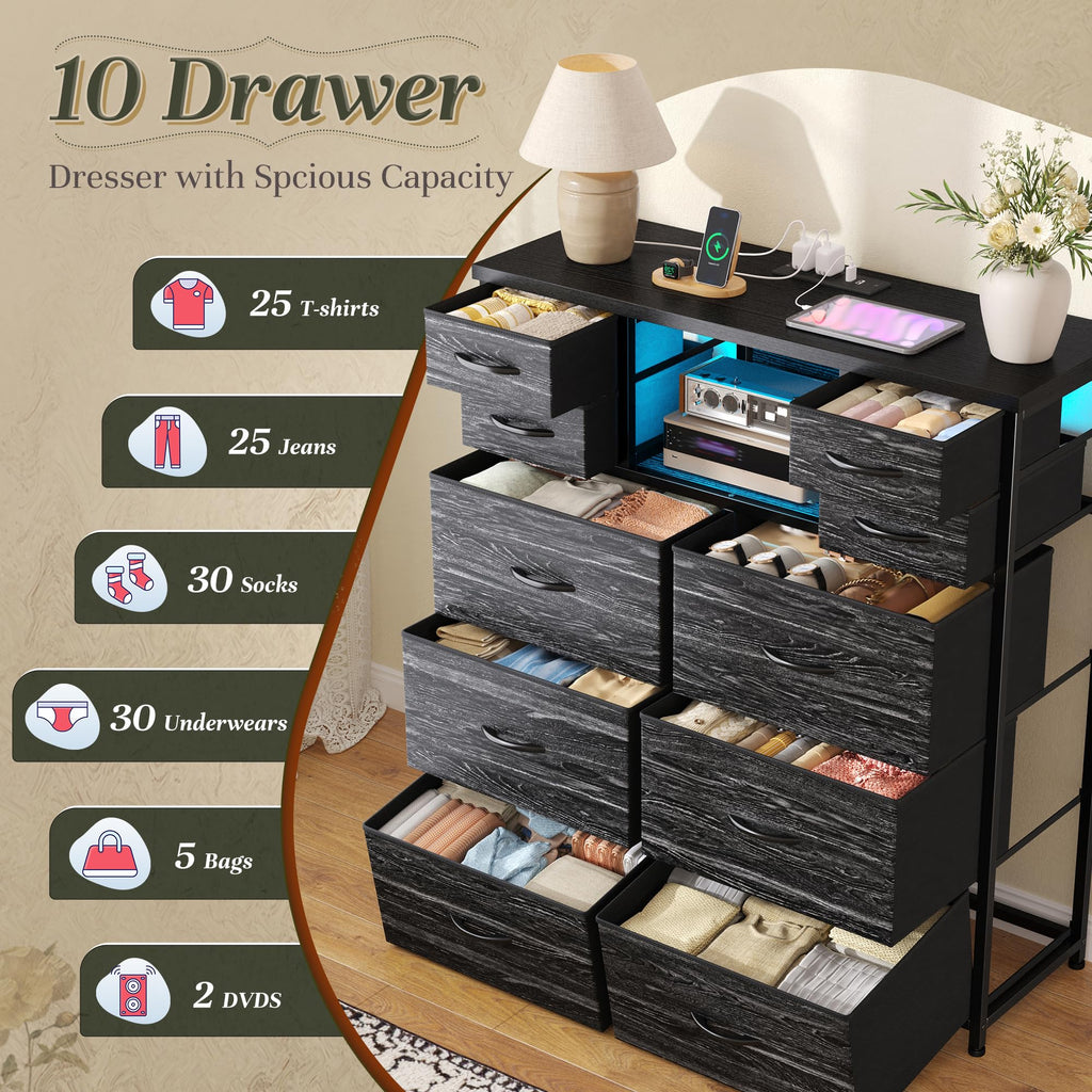 Black 10 Drawer Dresser with Charging Station K97150